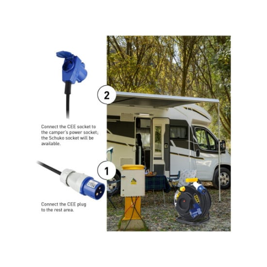 AVVOLGICAVO PROFESSIONALE, 1 SPINA CEE VS 1 PRESA IBRIDA CEE+ SCHUKO. 25M