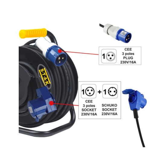 AVVOLGICAVO PROFESSIONALE, 1 SPINA CEE VS 1 PRESA IBRIDA CEE+ SCHUKO. 25M