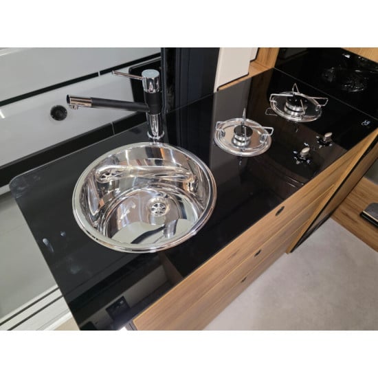 PIANO IN VETRO NERO CON FUOCHI E LAVELLO